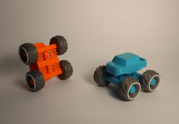 mini monster truck 3d printed toy vehicle spring flexible suspension wheel design